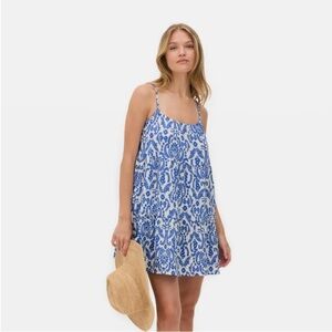 Primark Blue & White Damask Paisley Print Tired Mini Dress Spaghetti Straps XL